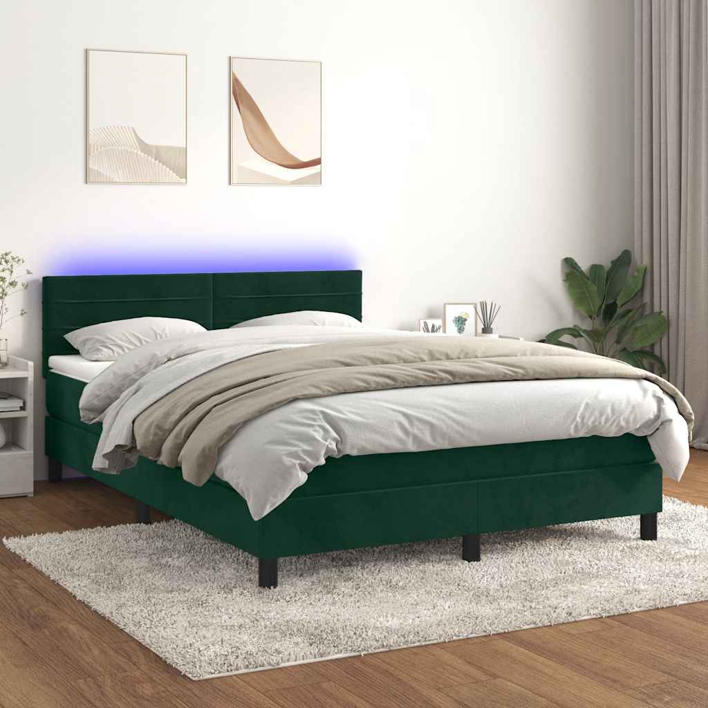 vidaXL Κρεβάτι Boxspring με Στρώμα & LED Σκ. Πράσινο 140x200εκ Βελούδο