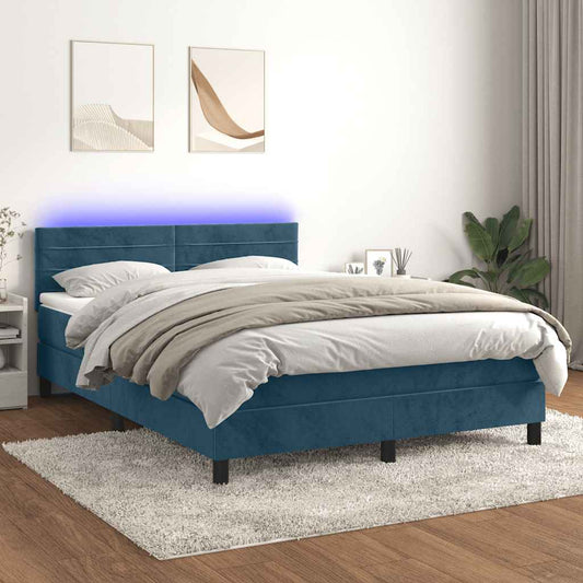 vidaXL Κρεβάτι Boxspring με Στρώμα & LED Σκ. Μπλε 140x200εκ. Βελούδινο