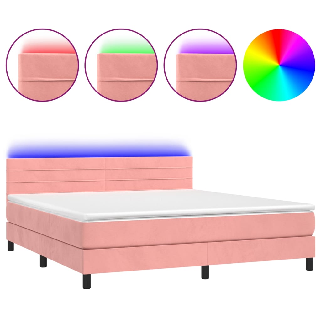 vidaXL Κρεβάτι Boxspring με Στρώμα & LED Ροζ 160x200 εκ. Βελούδινο