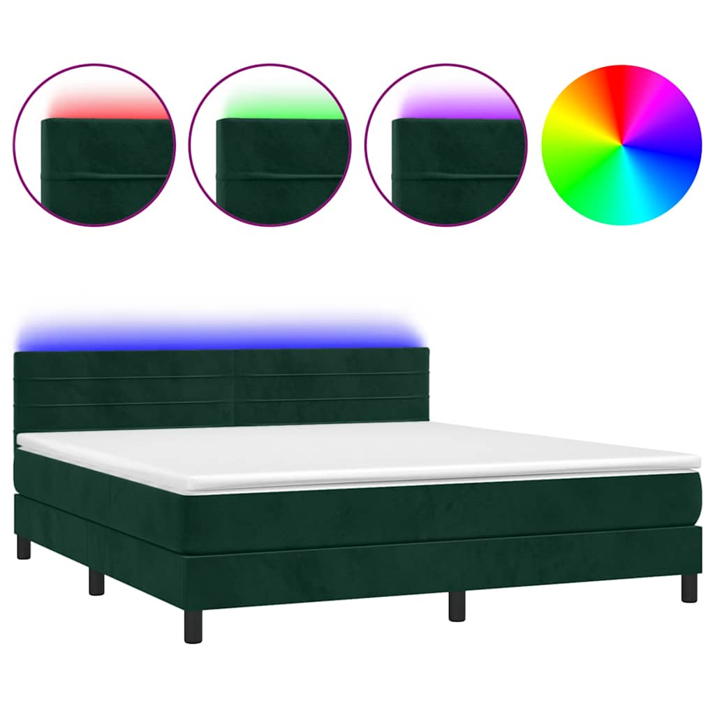 vidaXL Κρεβάτι Boxspring με Στρώμα & LED Σκ. Πράσινο 180x200εκ Βελούδο