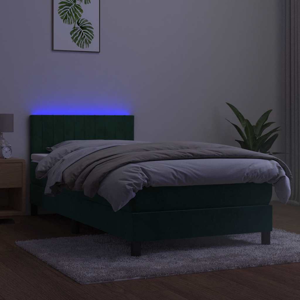 vidaXL Κρεβάτι Boxspring με Στρώμα & LED Σκ. Πράσινο 90x200 εκ Βελούδο