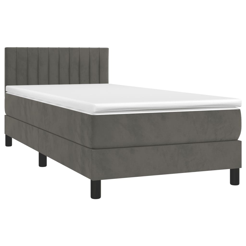 vidaXL Κρεβάτι Boxspring με Στρώμα & LED Σκ. Γκρι 100x200εκ. Βελούδινο