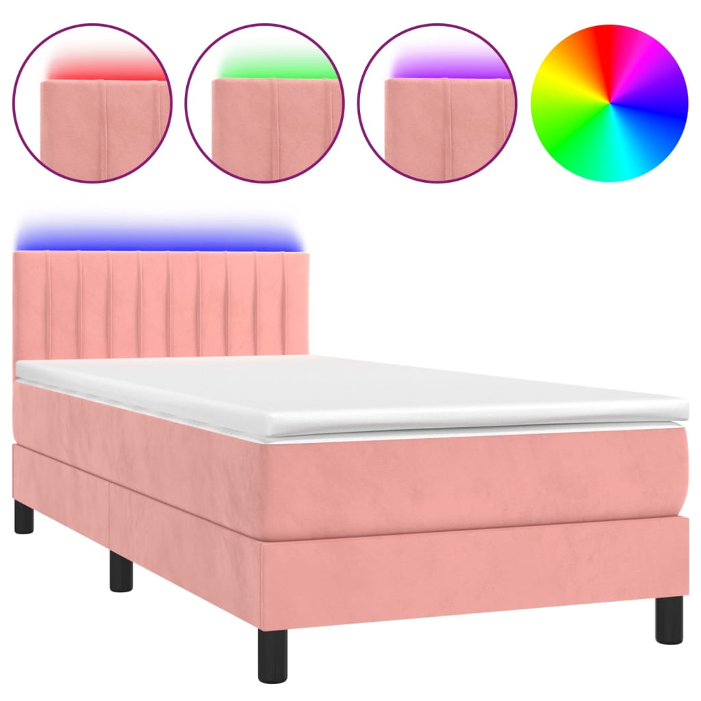 vidaXL Κρεβάτι Boxspring με Στρώμα & LED Ροζ 100x200 εκ. Βελούδινο