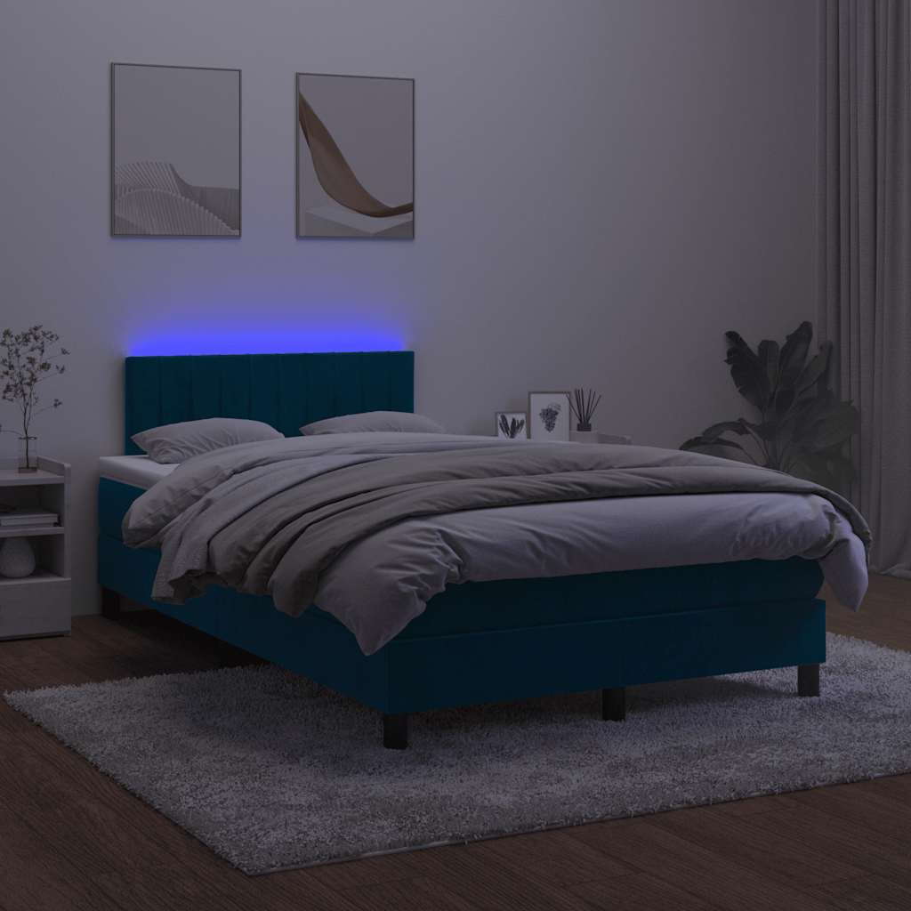 vidaXL Κρεβάτι Boxspring με Στρώμα & LED Σκ. Μπλε 120x200εκ. Βελούδινο