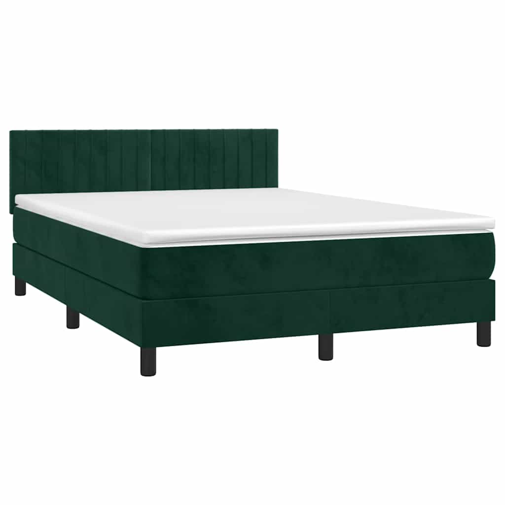 vidaXL Κρεβάτι Boxspring με Στρώμα & LED Σκ. Πράσινο 140x190εκ Βελούδο