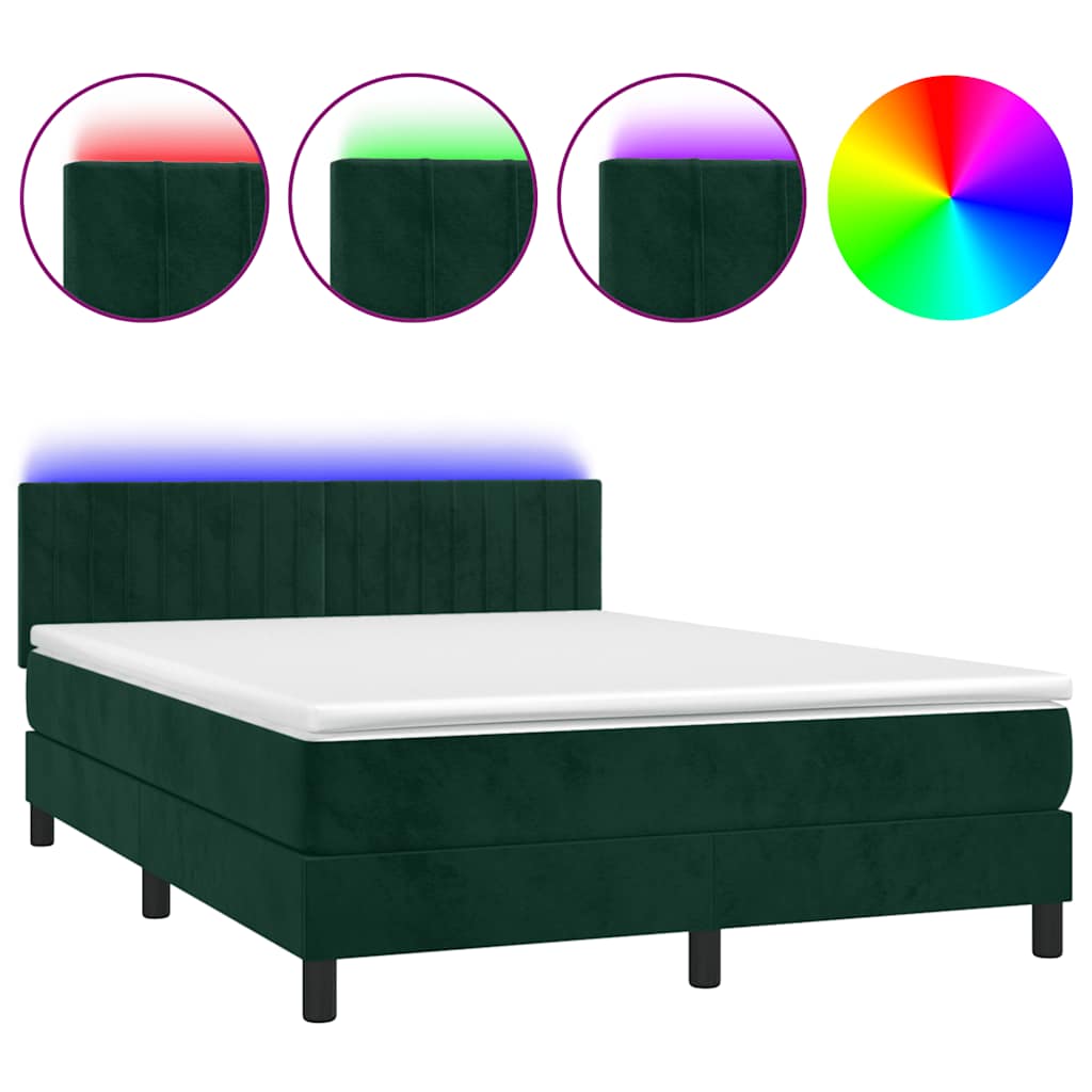 vidaXL Κρεβάτι Boxspring με Στρώμα & LED Σκ. Πράσινο 140x200εκ Βελούδο
