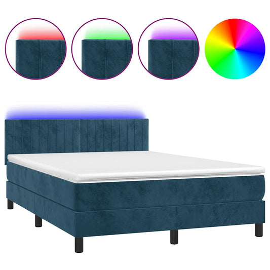 vidaXL Κρεβάτι Boxspring με Στρώμα & LED Σκ. Μπλε 140x200εκ. Βελούδινο
