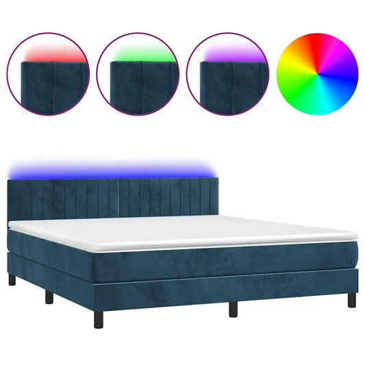 vidaXL Κρεβάτι Boxspring με Στρώμα & LED Σκ. Μπλε 180x200εκ. Βελούδινο