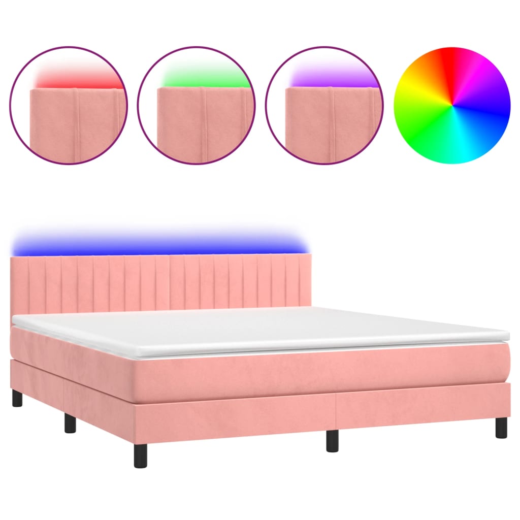 vidaXL Κρεβάτι Boxspring με Στρώμα & LED Ροζ 180x200 εκ. Βελούδινο