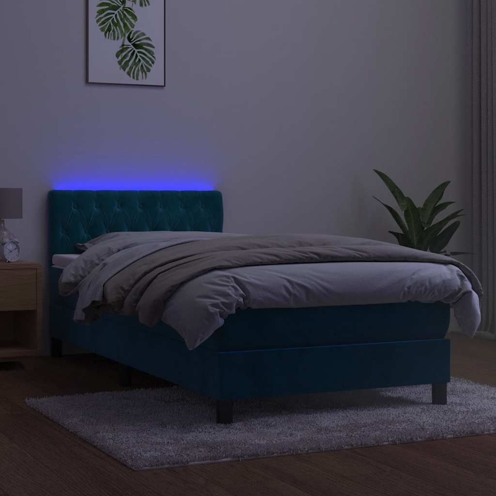 vidaXL Κρεβάτι Boxspring με Στρώμα & LED Σκ. Μπλε 90x190 εκ. Βελούδινο