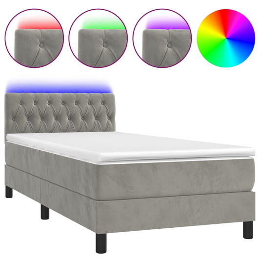 vidaXL Κρεβάτι Boxspring με Στρώμα & LED Αν.Γκρι 90x200 εκ. Βελούδινο
