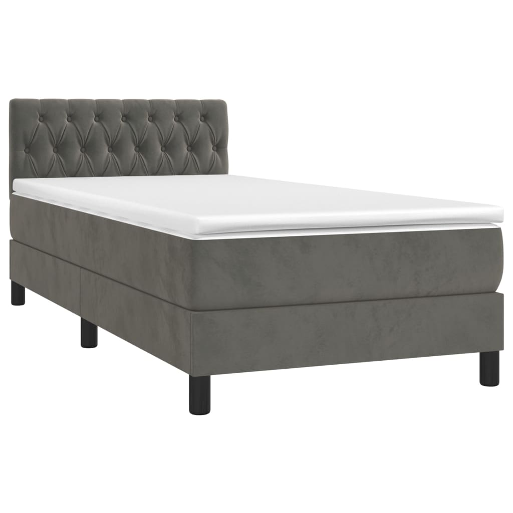 vidaXL Κρεβάτι Boxspring με Στρώμα & LED Σκ. Γκρι 90x200 εκ. Βελούδινο