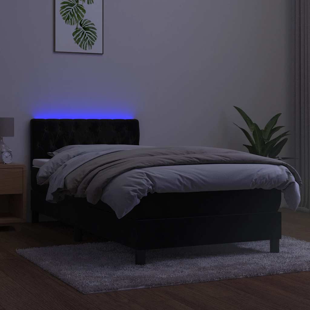 vidaXL Κρεβάτι Boxspring με Στρώμα & LED Μαύρο 90x200 εκ. Βελούδινο