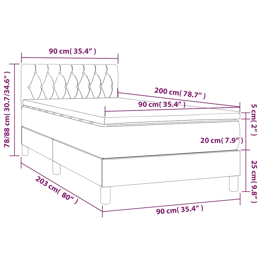 vidaXL Κρεβάτι Boxspring με Στρώμα & LED Μαύρο 90x200 εκ. Βελούδινο