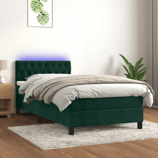 vidaXL Κρεβάτι Boxspring με Στρώμα & LED Σκ. Πράσινο 90x200 εκ Βελούδο