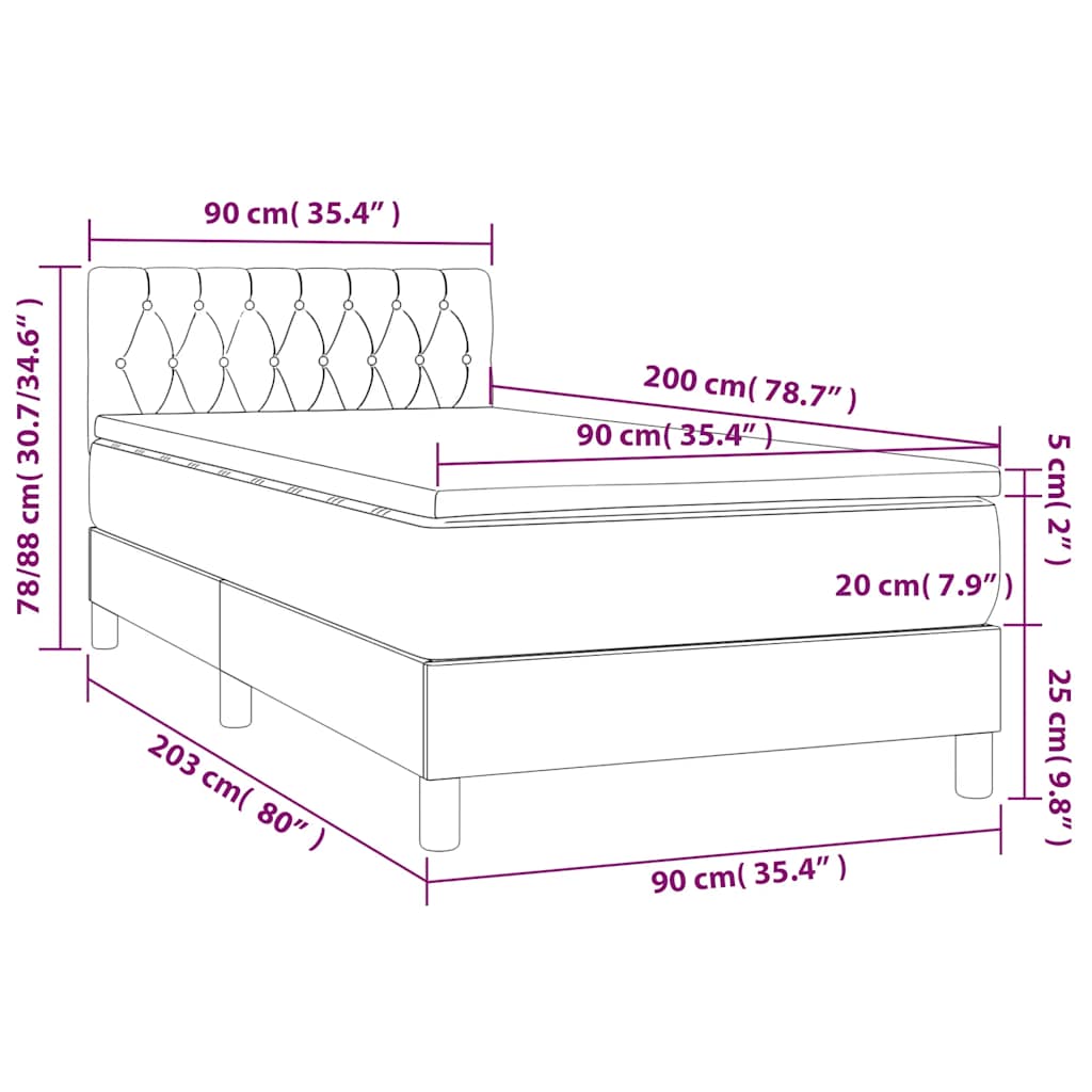 vidaXL Κρεβάτι Boxspring με Στρώμα & LED Σκ. Μπλε 90x200 εκ. Βελούδινο