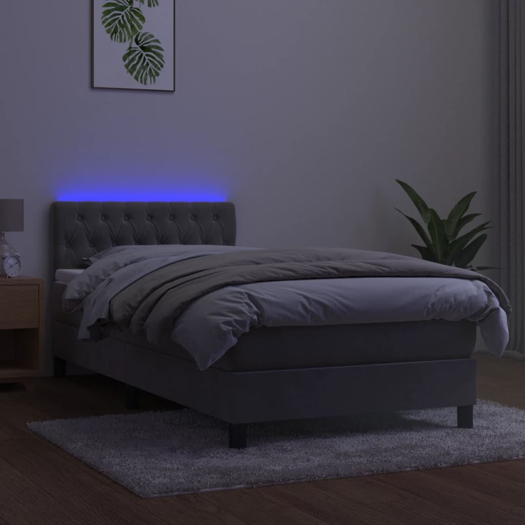 vidaXL Κρεβάτι Boxspring με Στρώμα & LED Αν.Γκρι 100x200 εκ. Βελούδινο