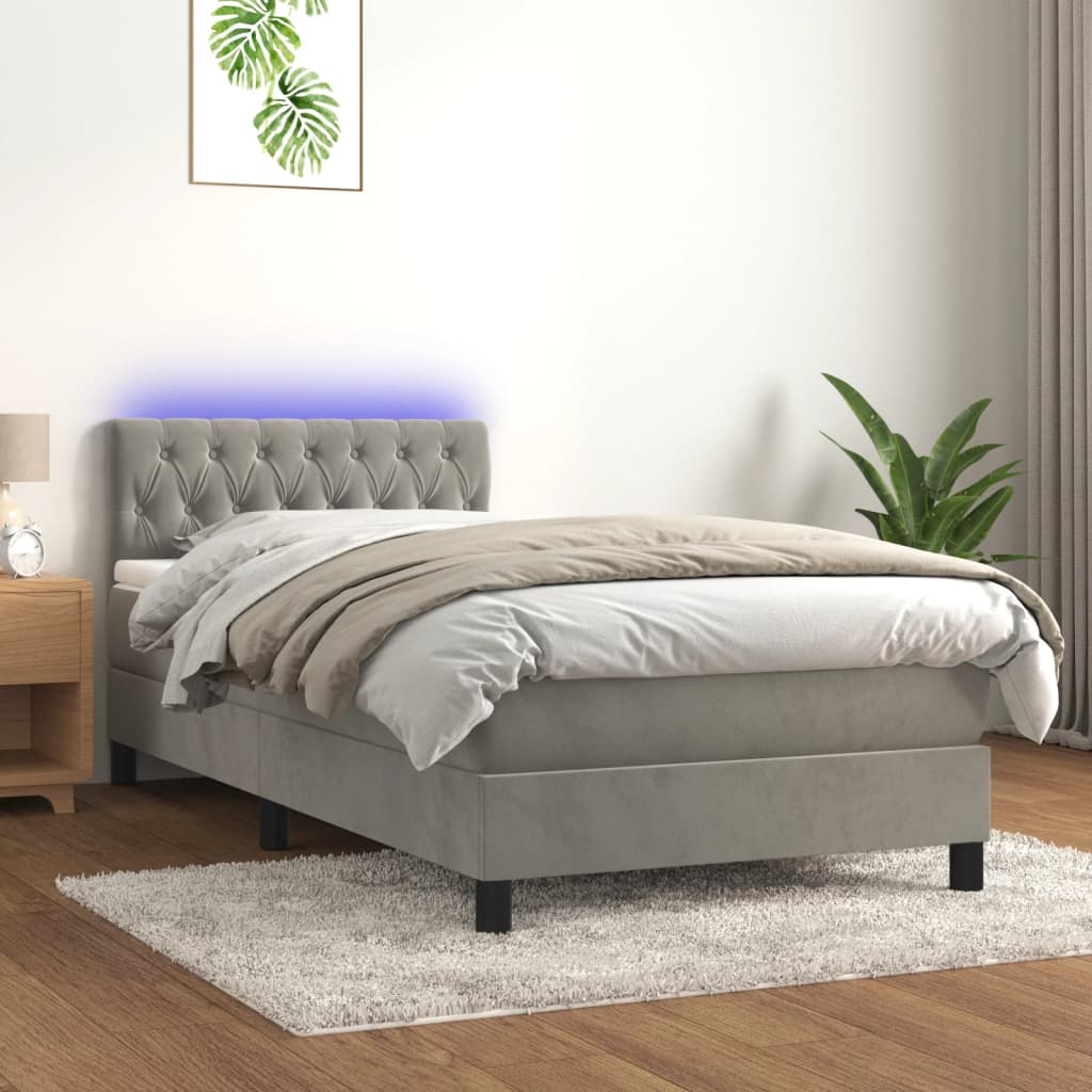 vidaXL Κρεβάτι Boxspring με Στρώμα & LED Αν.Γκρι 100x200 εκ. Βελούδινο