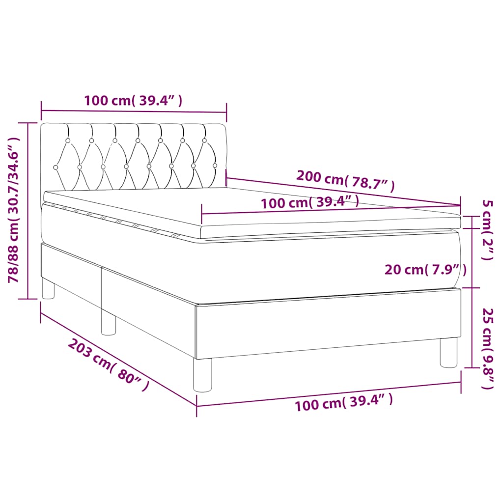 vidaXL Κρεβάτι Boxspring με Στρώμα & LED Μαύρο 100x200 εκ. Βελούδινο