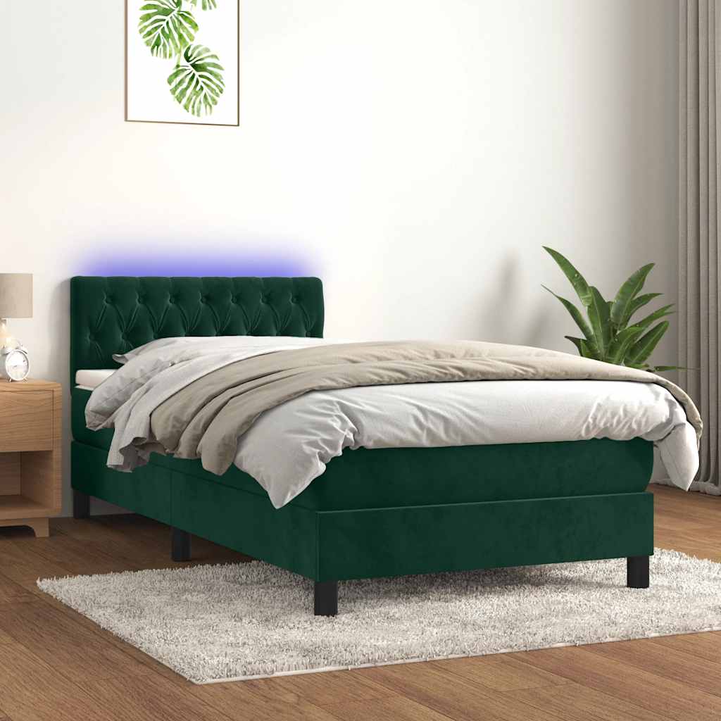 vidaXL Κρεβάτι Boxspring με Στρώμα & LED Σκ. Πράσινο 100x200εκ Βελούδο