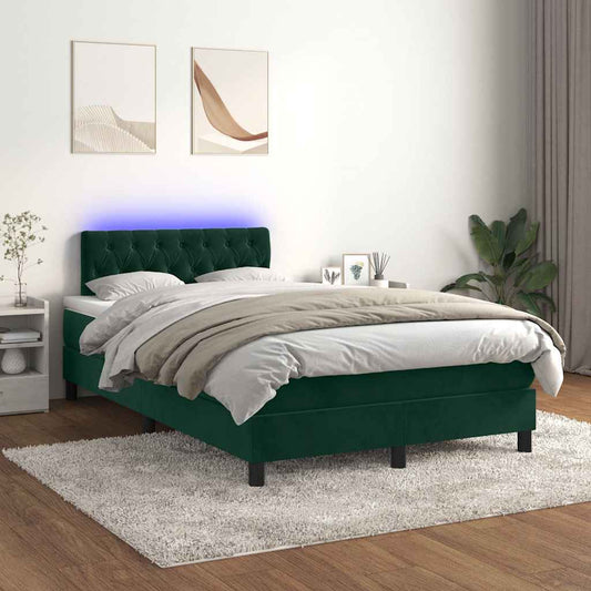 vidaXL Κρεβάτι Boxspring με Στρώμα & LED Σκ. Πράσινο 120x200εκ Βελούδο