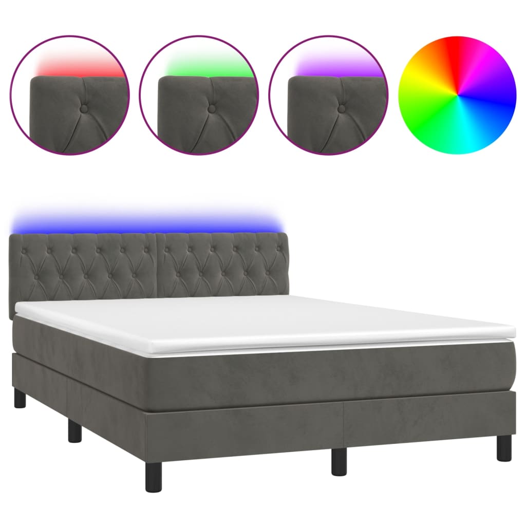 vidaXL Κρεβάτι Boxspring με Στρώμα & LED Σκ. Γκρι 140x190εκ. Βελούδινο