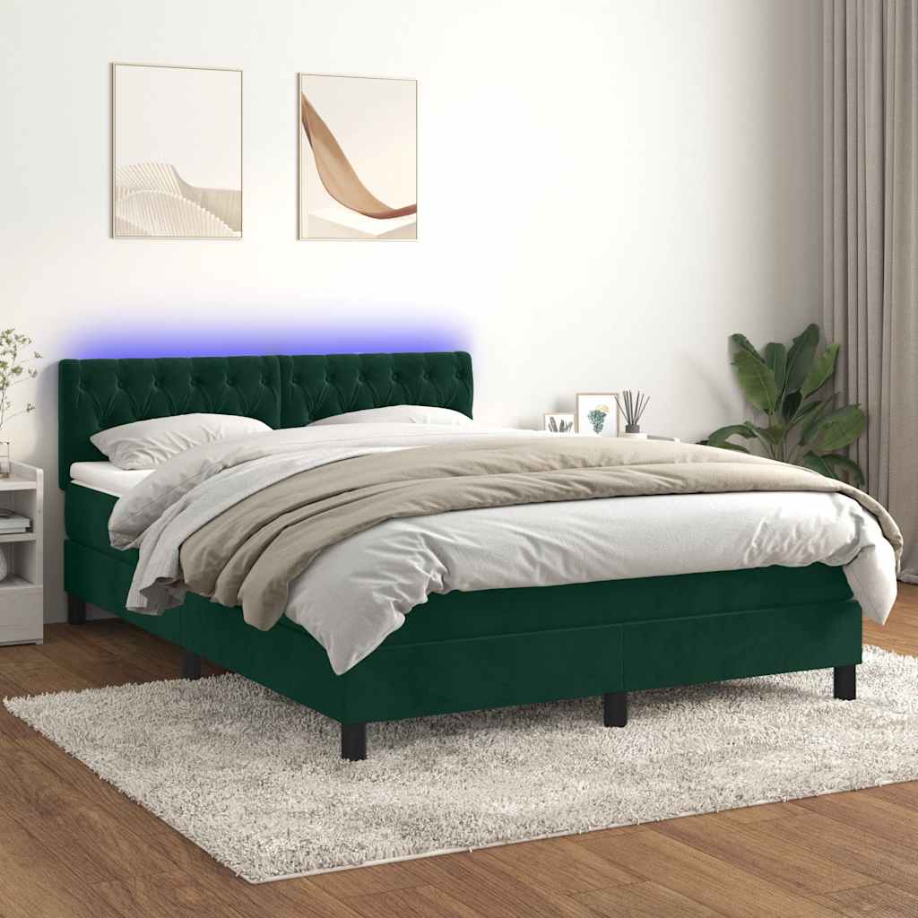 vidaXL Κρεβάτι Boxspring με Στρώμα & LED Σκ. Πράσινο 140x190εκ Βελούδο