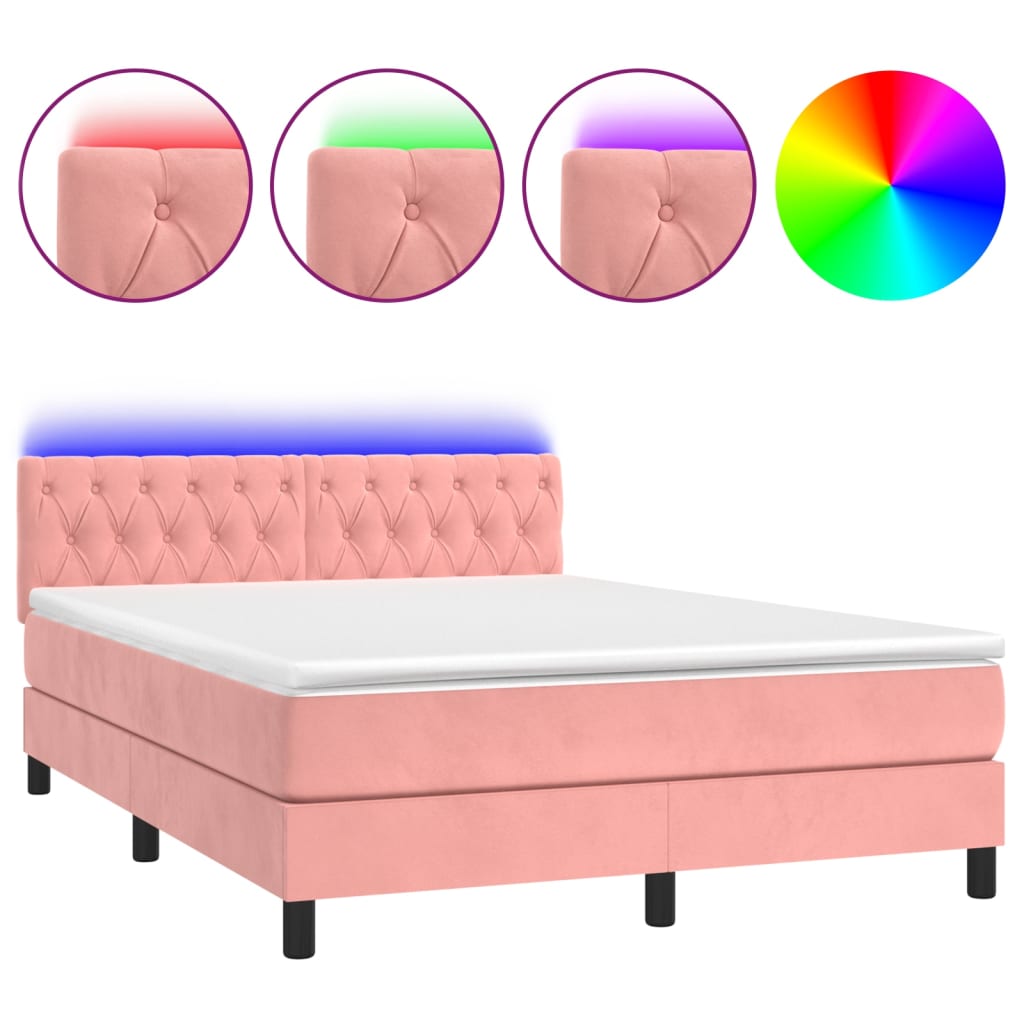 vidaXL Κρεβάτι Boxspring με Στρώμα & LED Ροζ 140x190 εκ. Βελούδινο