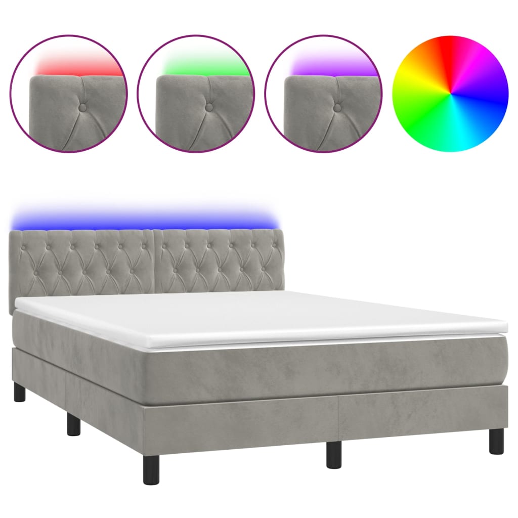 vidaXL Κρεβάτι Boxspring με Στρώμα & LED Αν.Γκρι 140x200 εκ. Βελούδινο
