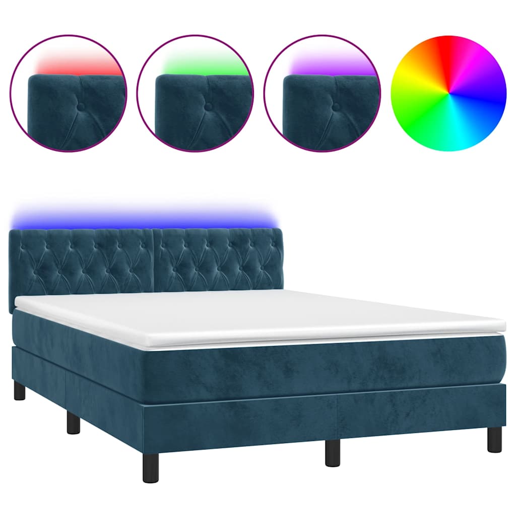 vidaXL Κρεβάτι Boxspring με Στρώμα & LED Σκ. Μπλε 140x200εκ. Βελούδινο