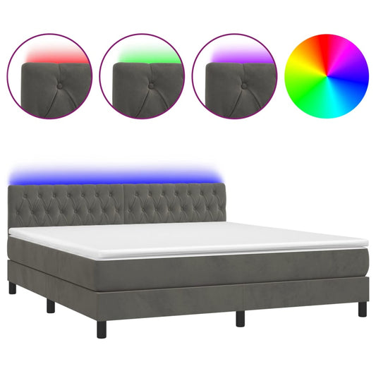 vidaXL Κρεβάτι Boxspring με Στρώμα & LED Σκ. Γκρι 160x200εκ. Βελούδινο