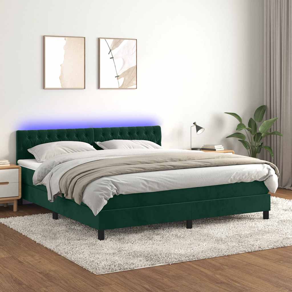 vidaXL Κρεβάτι Boxspring με Στρώμα & LED Σκ. Πράσινο 160x200εκ Βελούδο