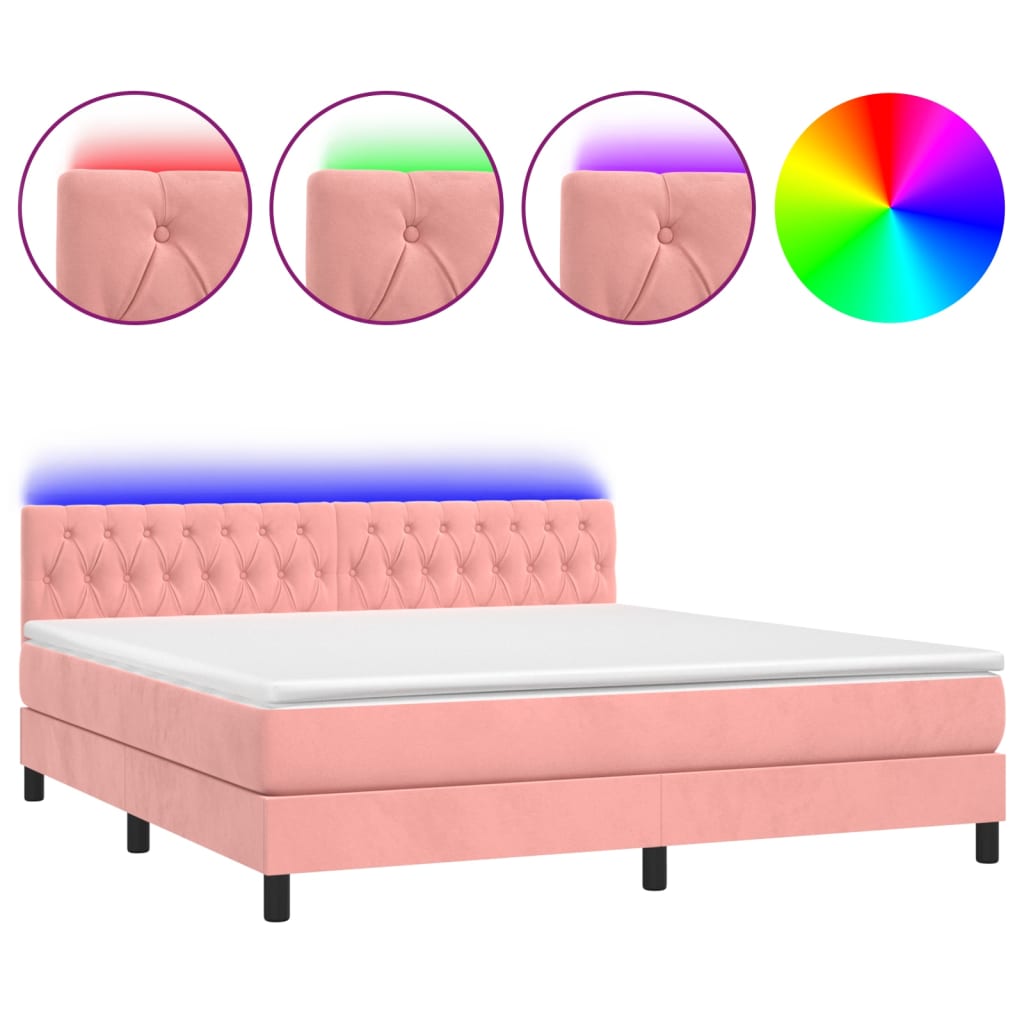 vidaXL Κρεβάτι Boxspring με Στρώμα & LED Ροζ 160x200 εκ. Βελούδινο