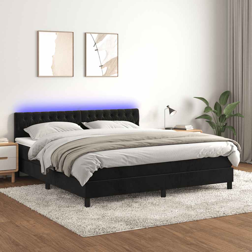vidaXL Κρεβάτι Boxspring με Στρώμα & LED Μαύρο 180x200 εκ. Βελούδινο