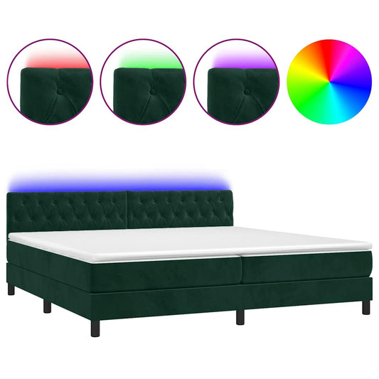 vidaXL Κρεβάτι Boxspring με Στρώμα & LED Σκ. Πράσινο 200x200εκ Βελούδο