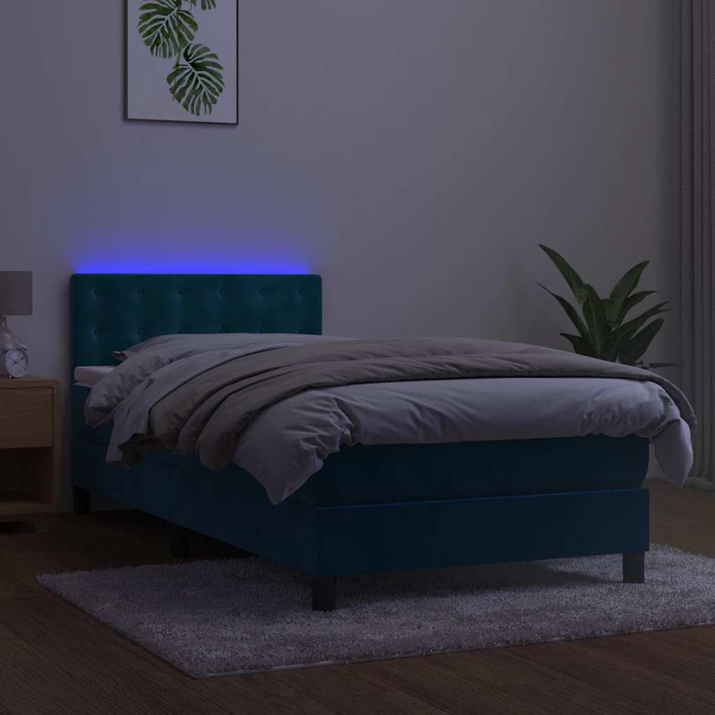 vidaXL Κρεβάτι Boxspring με Στρώμα & LED Σκ. Μπλε 80x200 εκ. Βελούδινο