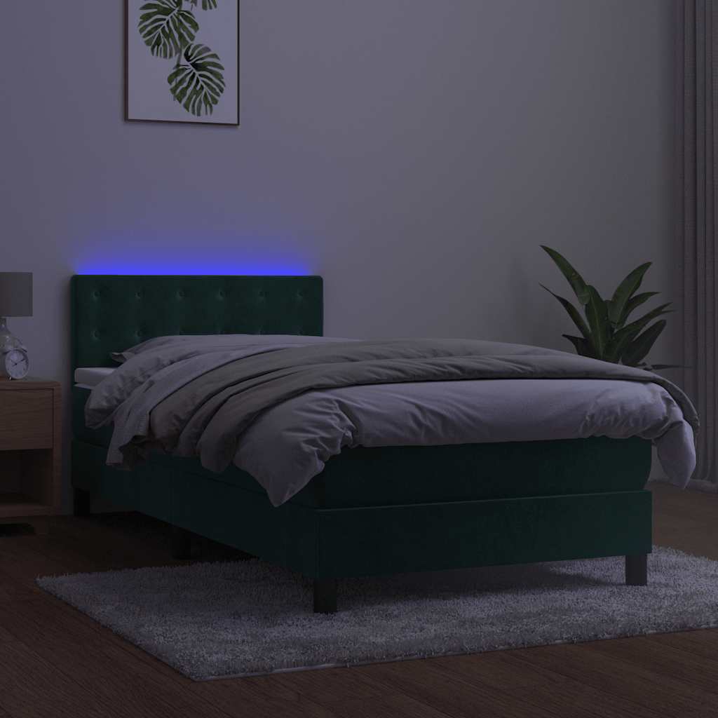 vidaXL Κρεβάτι Boxspring με Στρώμα & LED Σκ. Πράσινο 90x190 εκ Βελούδο