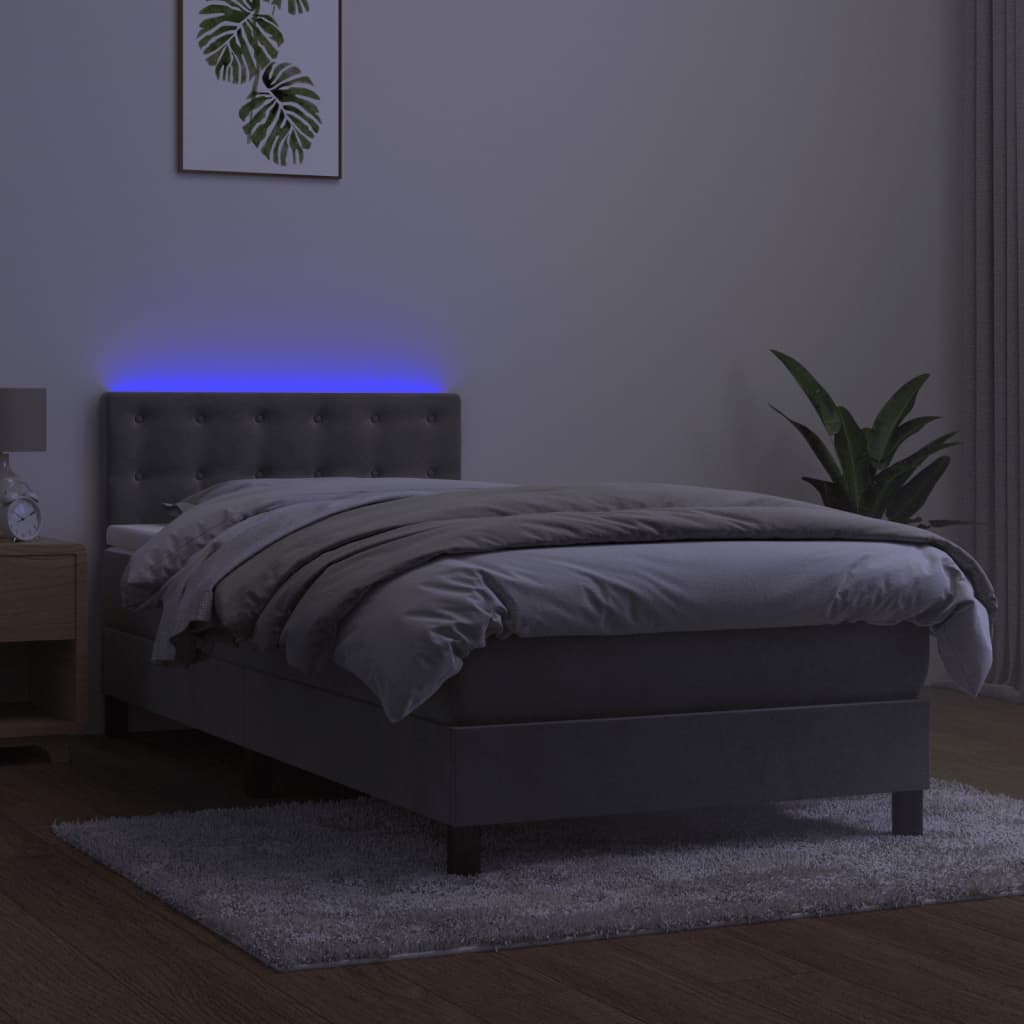 vidaXL Κρεβάτι Boxspring με Στρώμα & LED Αν.Γκρι 90x200 εκ. Βελούδινο