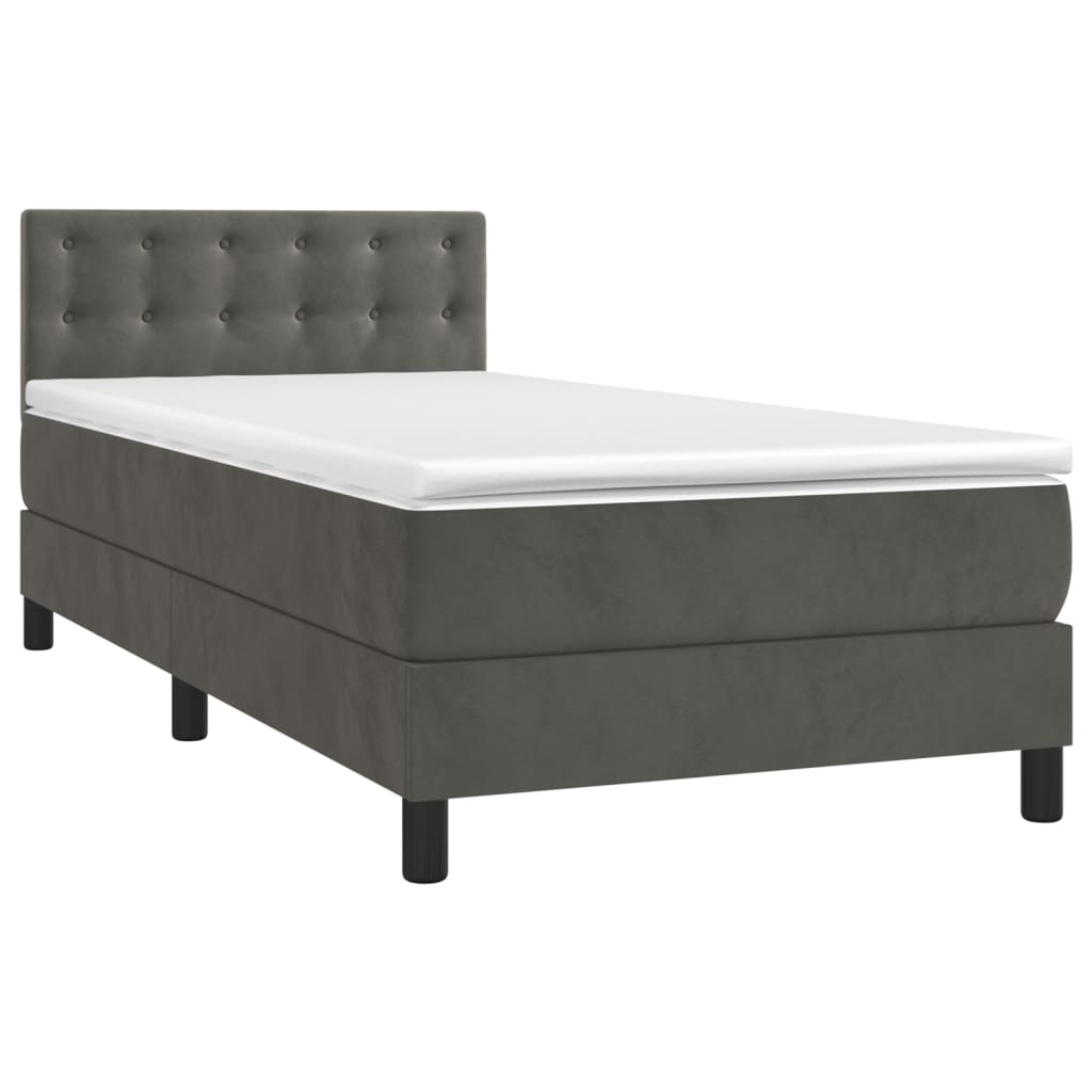 vidaXL Κρεβάτι Boxspring με Στρώμα & LED Σκ. Γκρι 90x200 εκ. Βελούδινο