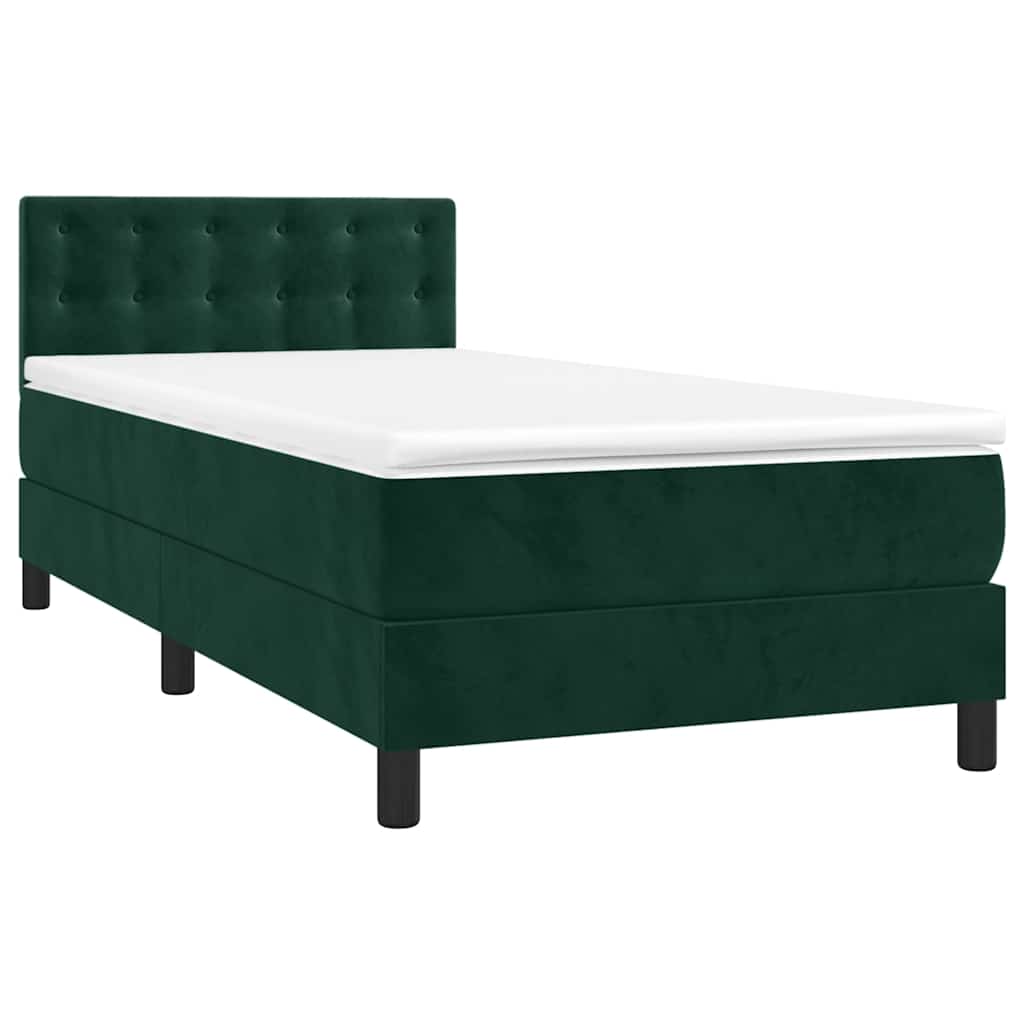 vidaXL Κρεβάτι Boxspring με Στρώμα & LED Σκ. Πράσινο 90x200 εκ Βελούδο