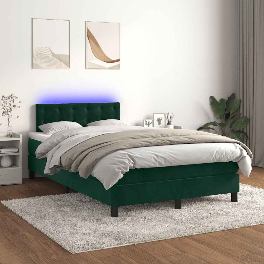 vidaXL Κρεβάτι Boxspring με Στρώμα & LED Σκ. Πράσινο 120x200εκ Βελούδο