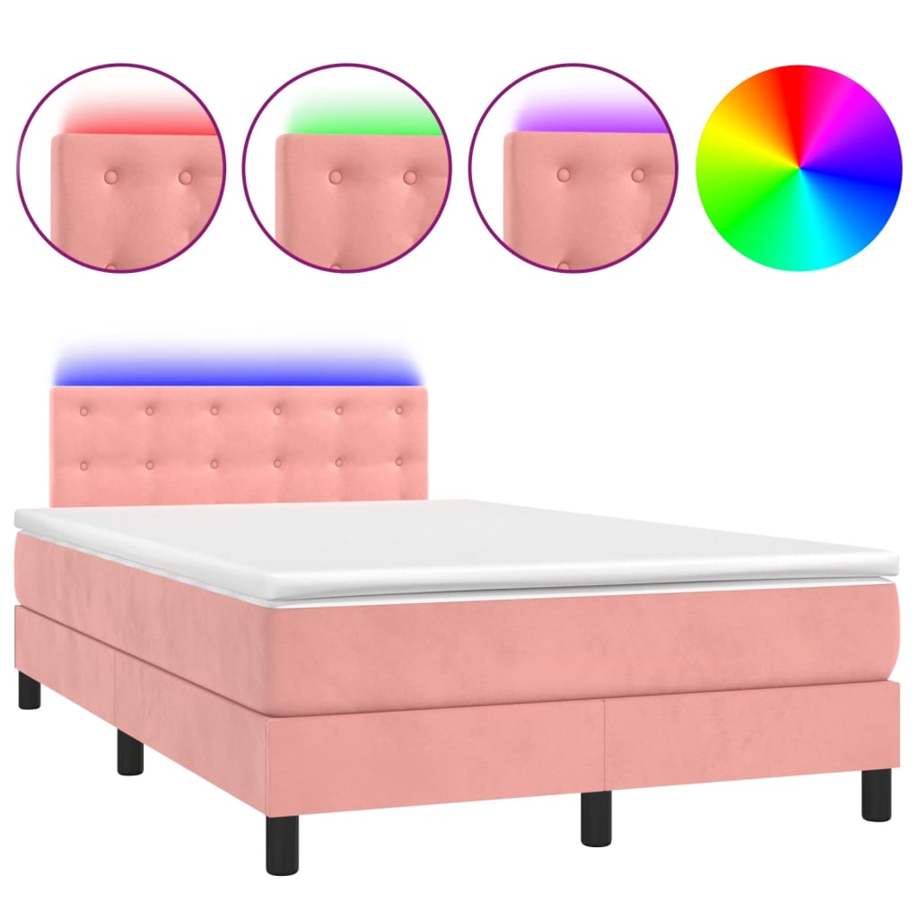 vidaXL Κρεβάτι Boxspring με Στρώμα & LED Ροζ 120x200 εκ. Βελούδινο