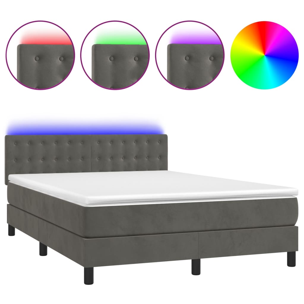 vidaXL Κρεβάτι Boxspring με Στρώμα & LED Σκ. Γκρι 140x190εκ. Βελούδινο