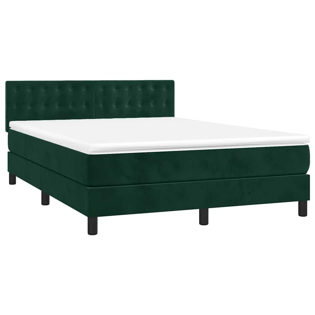 vidaXL Κρεβάτι Boxspring με Στρώμα & LED Σκ. Πράσινο 140x200εκ Βελούδο