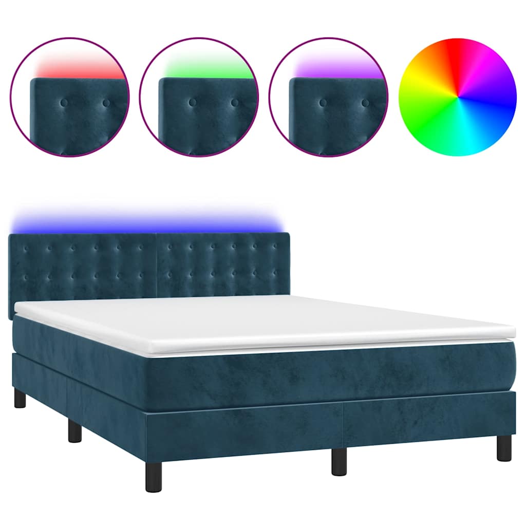 vidaXL Κρεβάτι Boxspring με Στρώμα & LED Σκ. Μπλε 140x200εκ. Βελούδινο