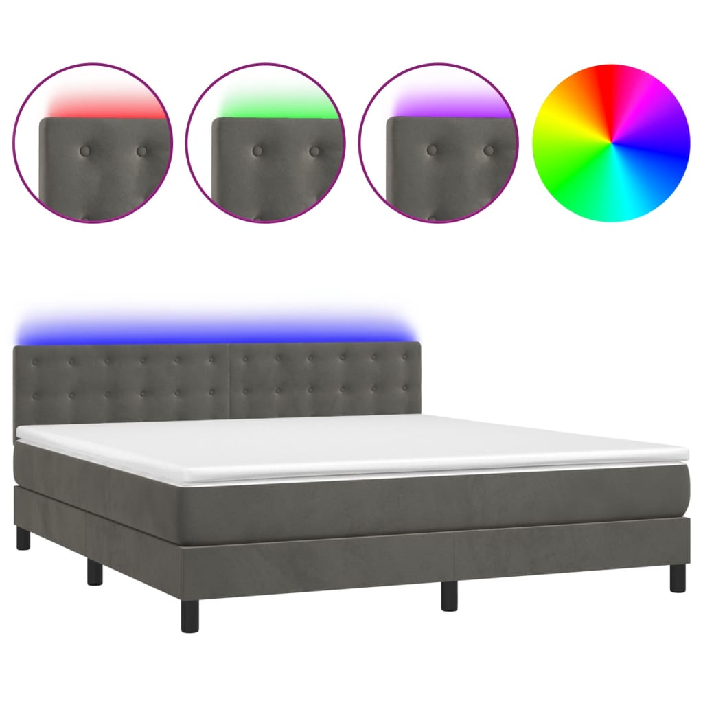 vidaXL Κρεβάτι Boxspring με Στρώμα & LED Σκ. Γκρι 160x200εκ. Βελούδινο