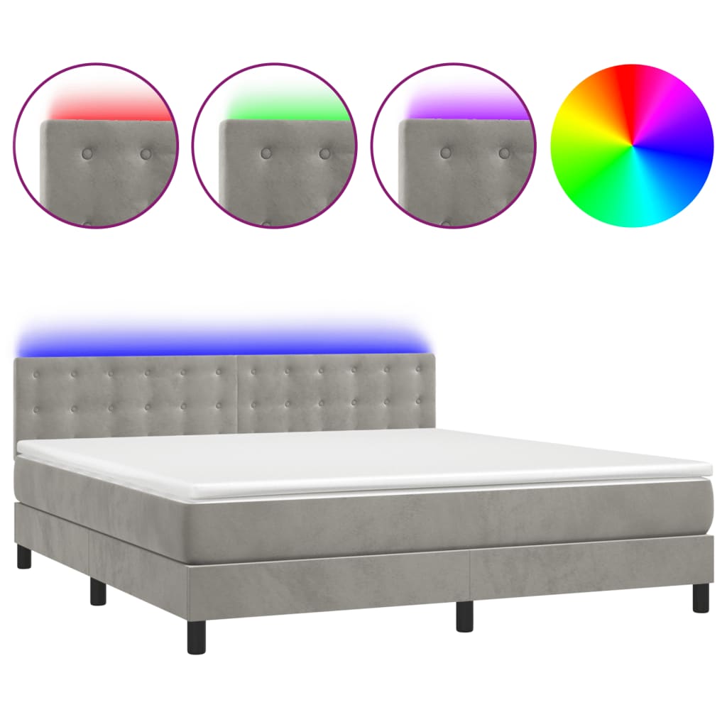 vidaXL Κρεβάτι Boxspring με Στρώμα & LED Αν.Γκρι 180x200 εκ. Βελούδινο