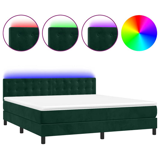 vidaXL Κρεβάτι Boxspring με Στρώμα & LED Σκ. Πράσινο 180x200εκ Βελούδο