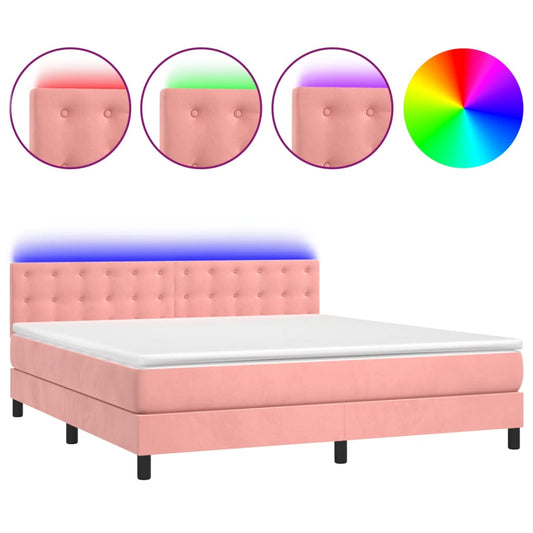 vidaXL Κρεβάτι Boxspring με Στρώμα & LED Ροζ 180x200 εκ. Βελούδινο