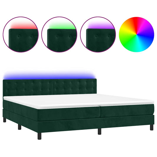 vidaXL Κρεβάτι Boxspring με Στρώμα & LED Σκ. Πράσινο 200x200εκ Βελούδο